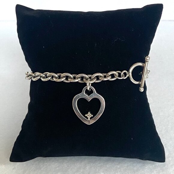 Solid Sterling Silver 925 UD Diamond Chip Heart Charm Cable Chain Bracelet 7.25" - Picture 7 of 16